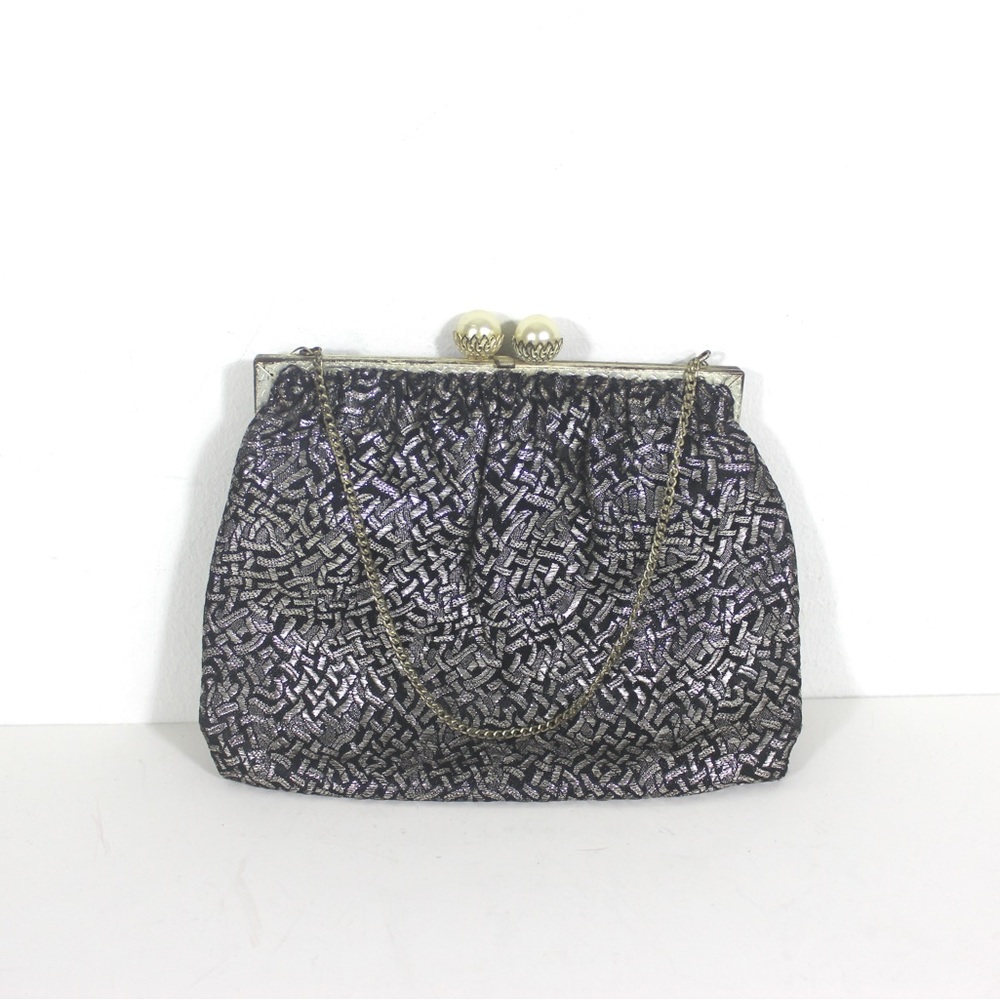 Vintage French Small Metallic Black and Silver Lamé Clutch Faux Pearl Kiss Clasp